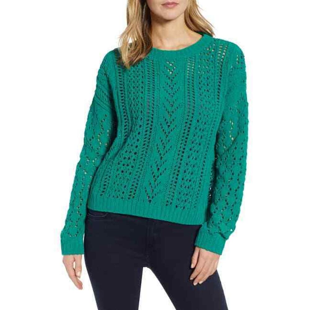 Halogen Womens Pointelle Chenille Pullover Sweater Long Sleeve Green XS